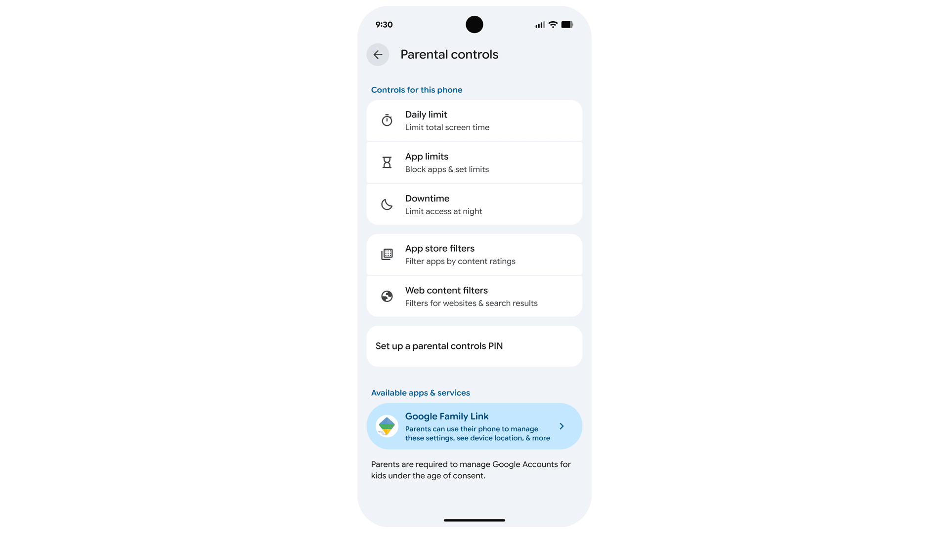 Google’ın yayımladığı Android ebeveyn denetimleri ekranında Google Play uygulama mağazası filtreleri ve ebeveyn PIN ayarı
