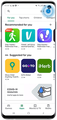 Google Play hesap menüsüne erişim — Samsung destek ekran görüntüsü