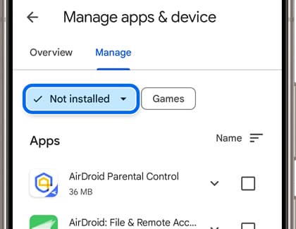 Google Play: Yüklü değil filtresiyle daha önce kullanılan uygulamaları bulma — Samsung destek ekran görüntüsü
