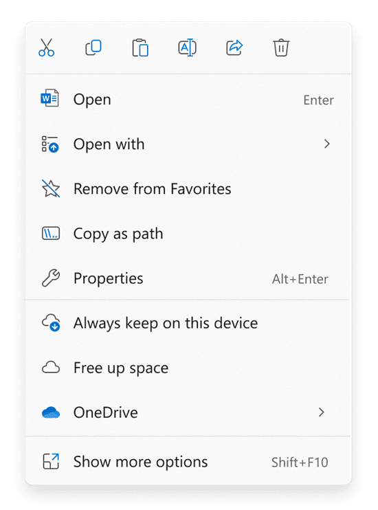 Windows 11 Dosya Gezgini sağ tık menüsü — Microsoft ekran görüntüsü