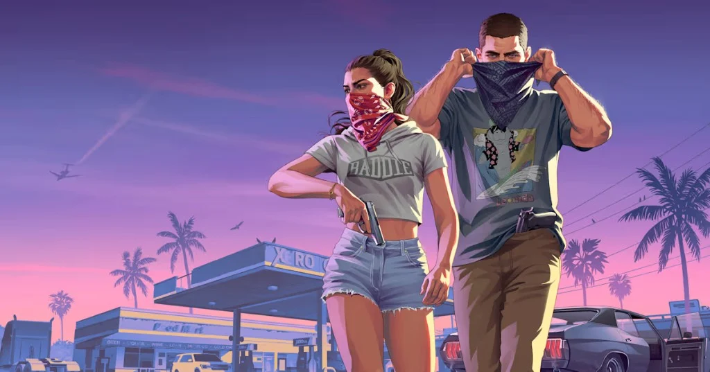 GTA temalı kapak görseli: Leonida’da maskeli iki karakter