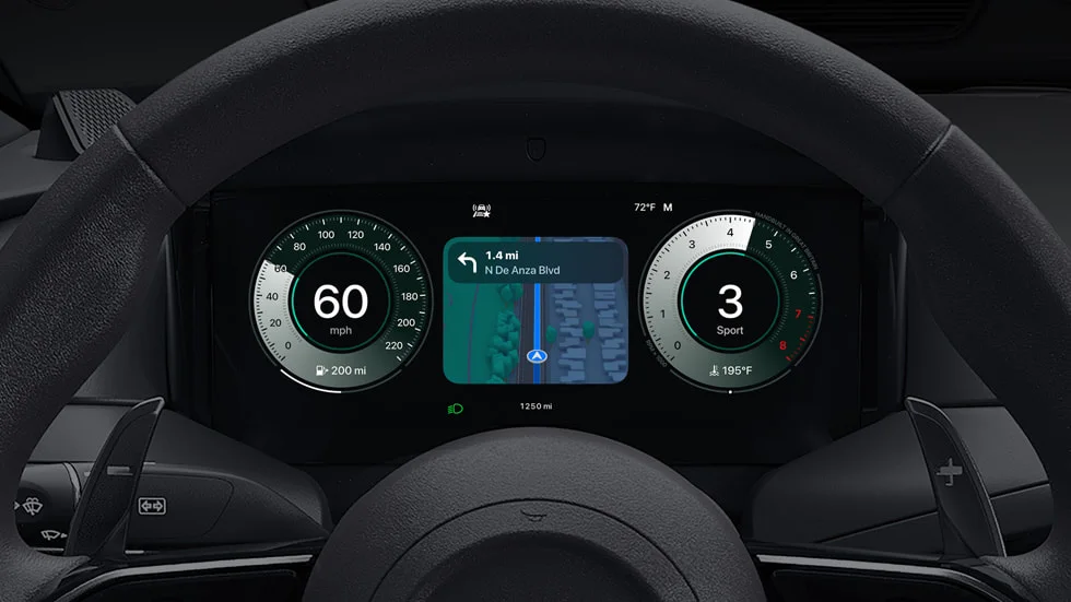 A CarPlay Ultra screen shows Maps in the instrument cluster of an Aston Martin.