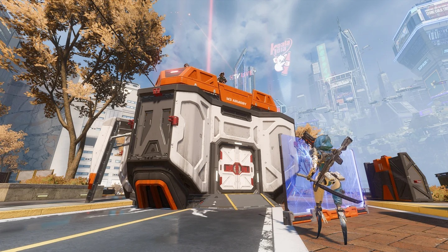 In-game screenshot of Ash standing behind a energy barrier, shooting up at a Rampart who is taking cover on the roof of a Stronghold.