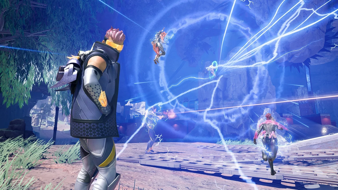 In-game screenshot of Crypto looking over his shoulder as his drone activates a EMP blast, shocking 3 legends.