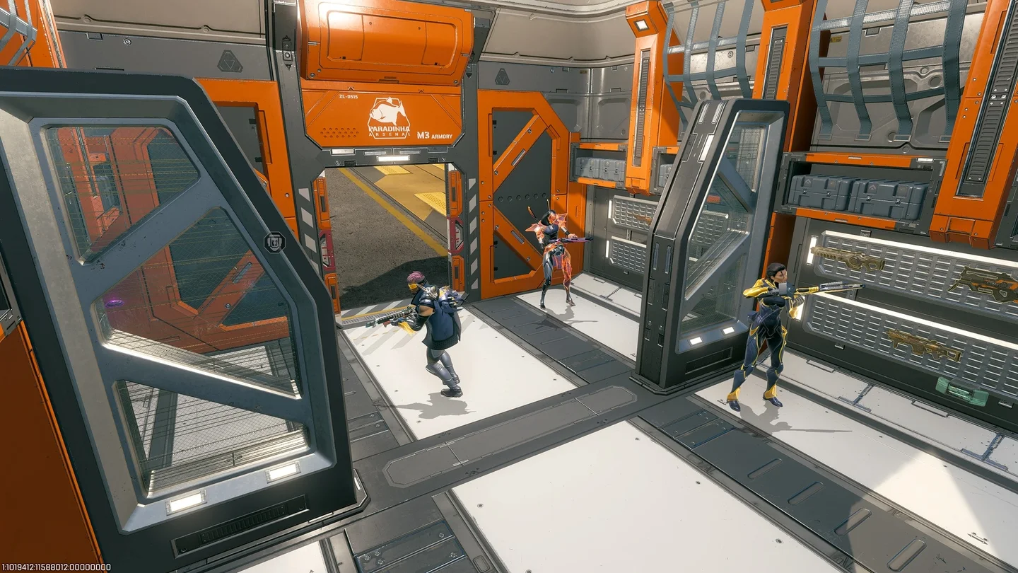 In-game screenhot of Crypto, Revenant, and Horizon standing in a stronghold, grabbing various high-powered weapons.