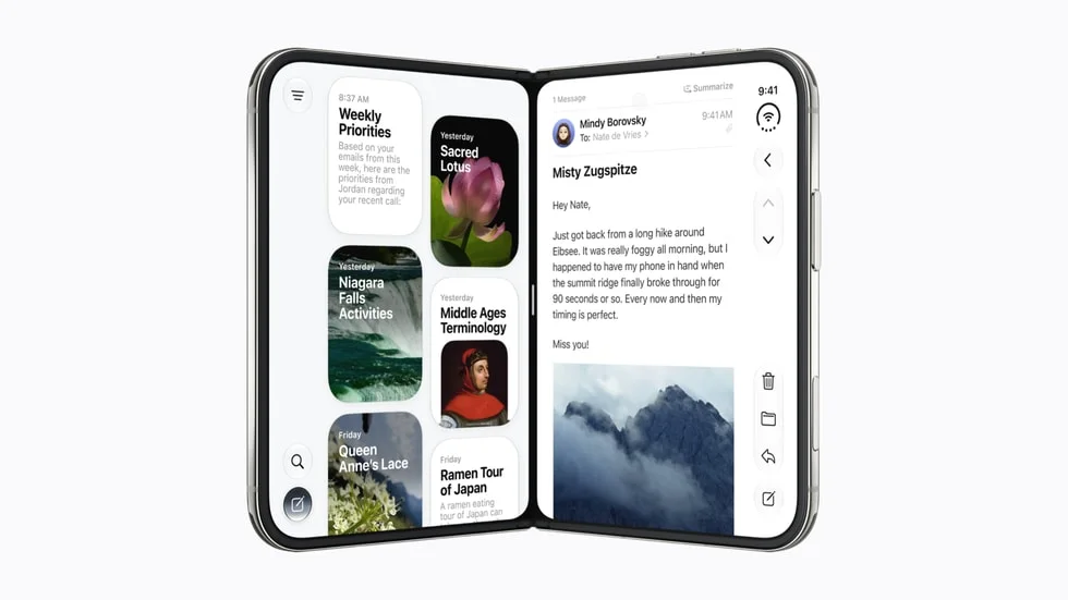 iPhone Duo utilizes Split View to display Siri and Mail side by side.