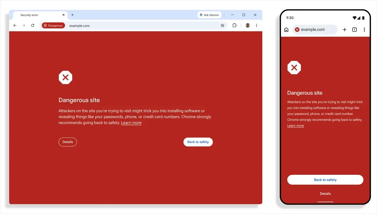 Image of dangerous site warnings in Chrome on desktop and mobile