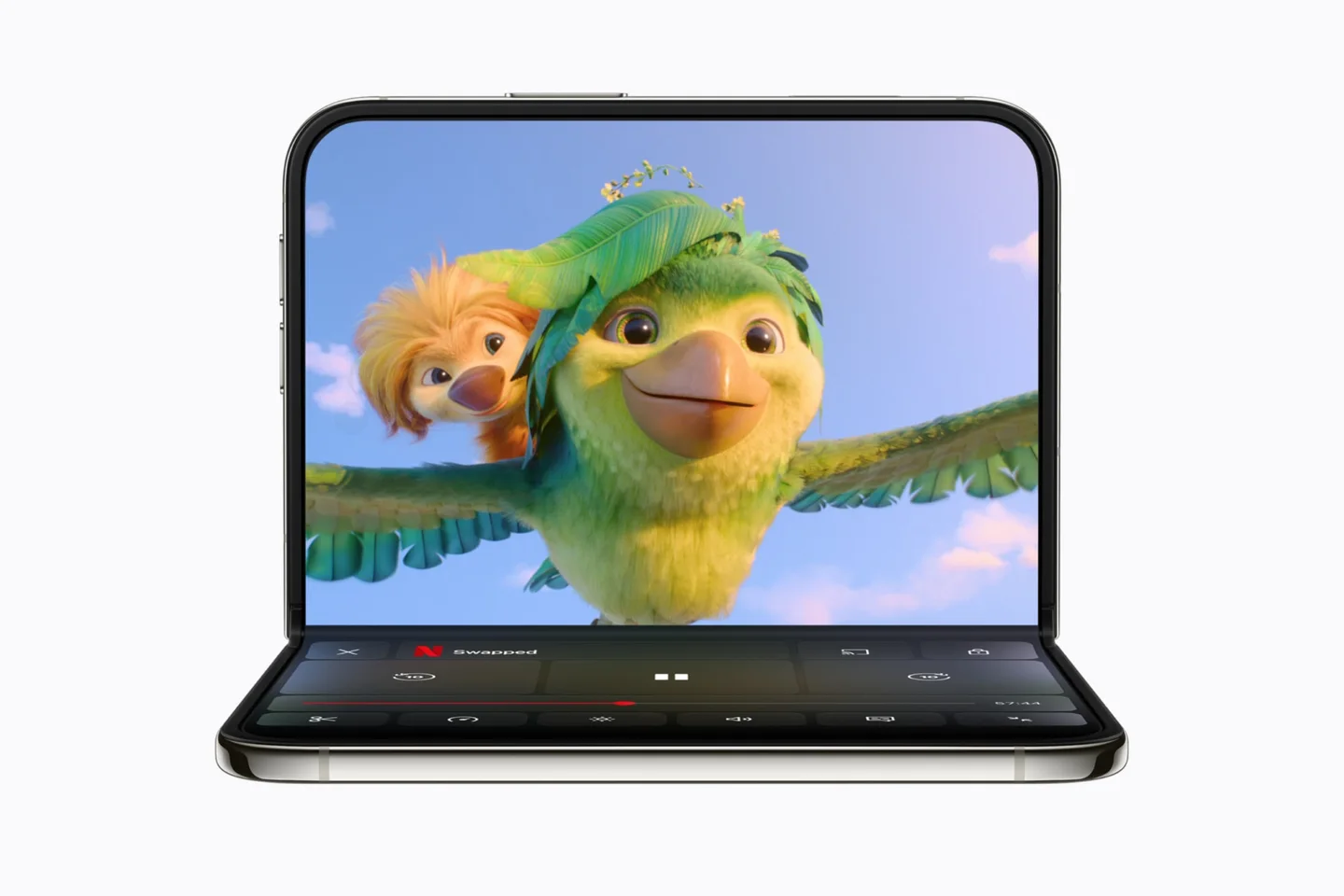 A partially folded iPhone Duo device shows an animated TV show playing in the Netflix app.