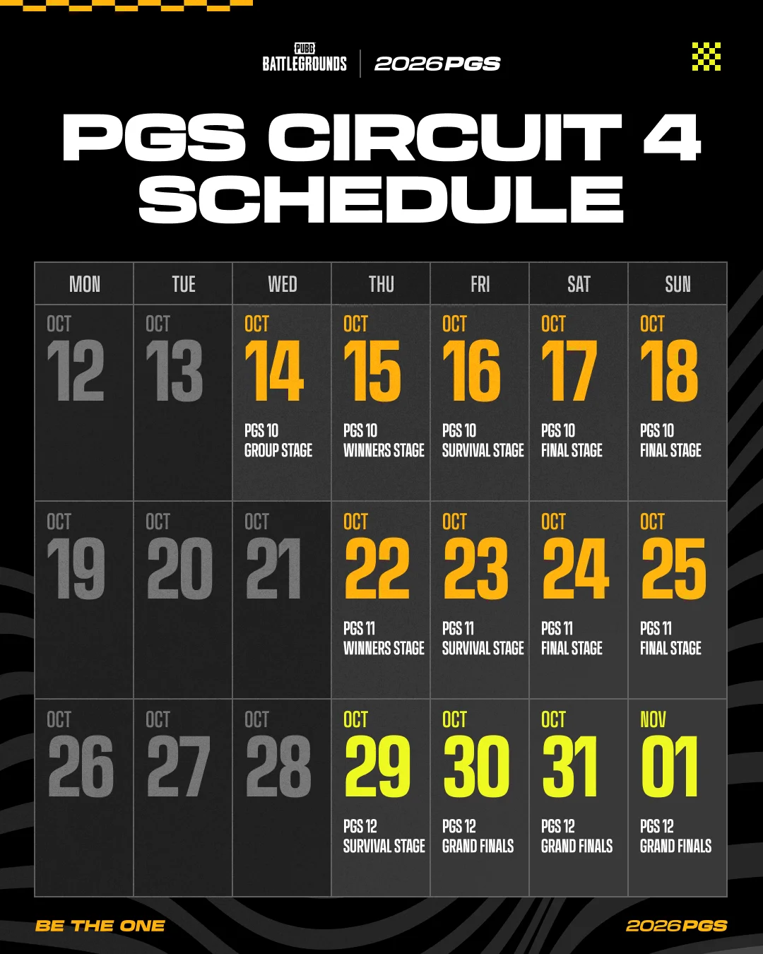 PUBG Esports tarafından yayımlanan PGS Circuit 4 takvimi; PGS 12 finali 30 Ekim–1 Kasım.