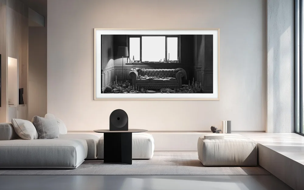 “The Lounge (black and white)” by Hans Op de Beeck on Samsung The Frame Pro