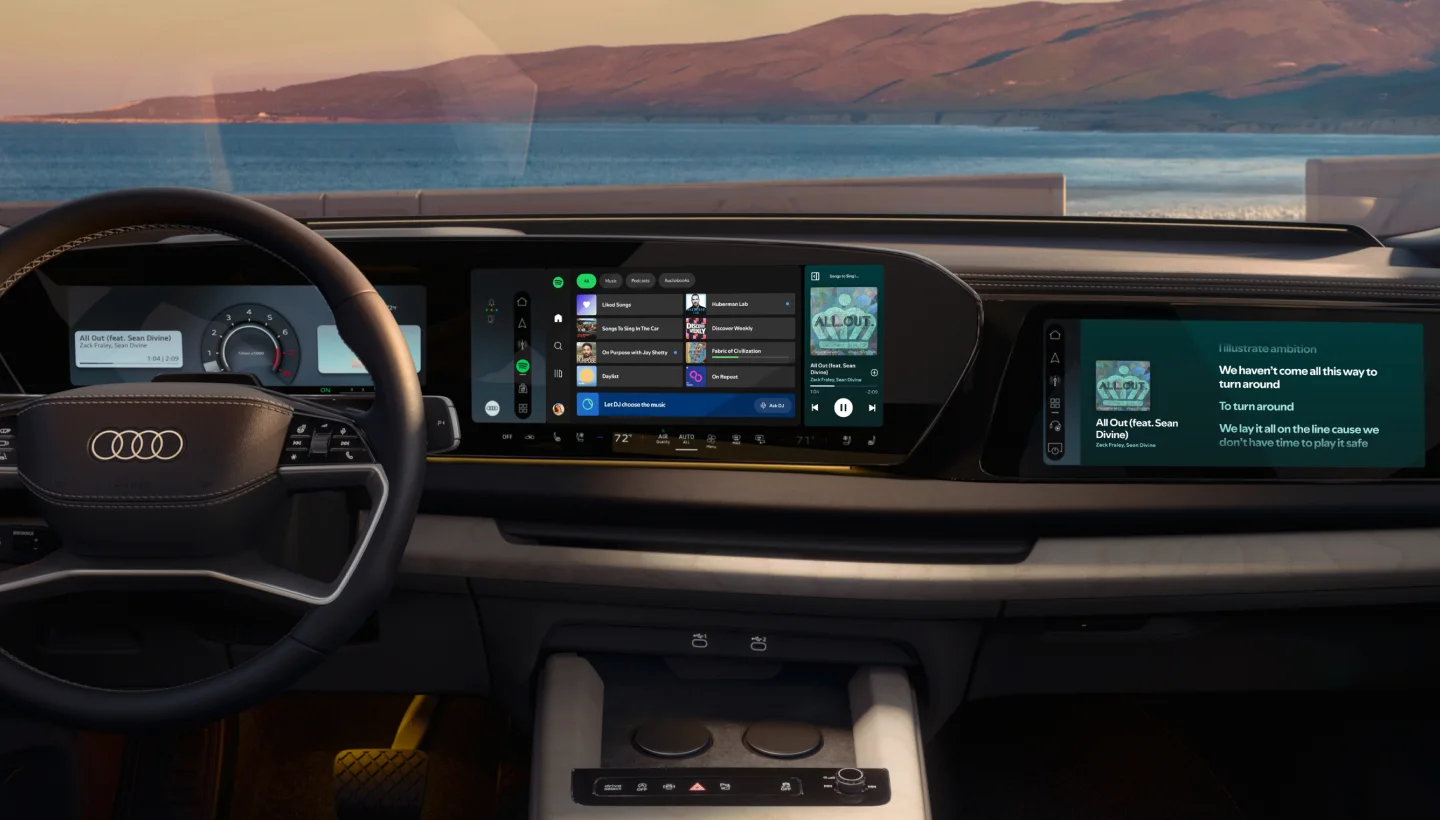Spotify’ın yeni yerleşik uygulamasını gösteren Audi kokpitinin resmî tanıtım görseli