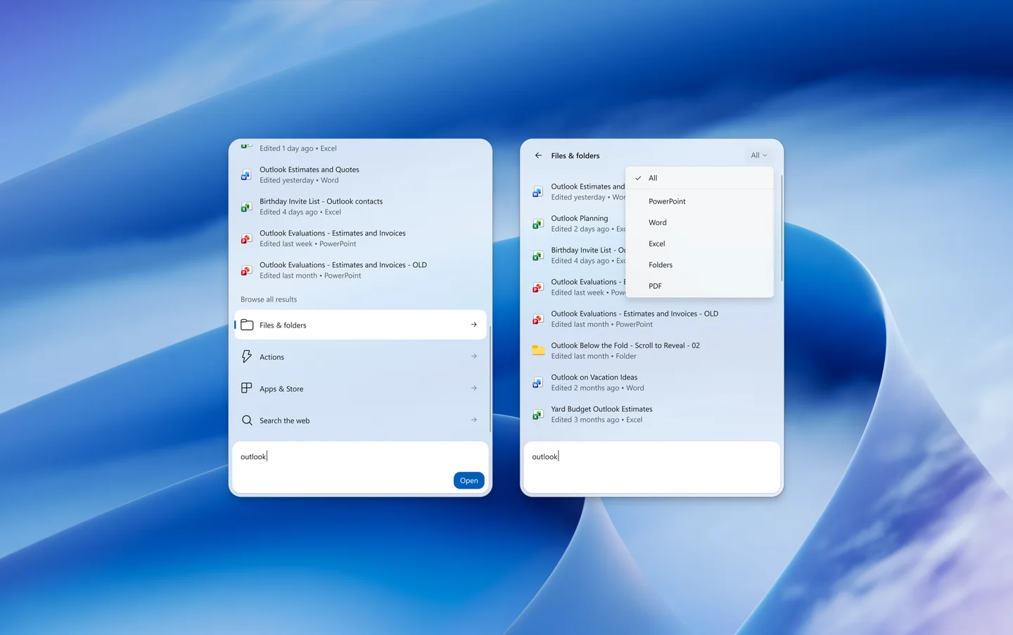 Two views of Windows Search show a search for "outlook" with additional options to filter and find results.
