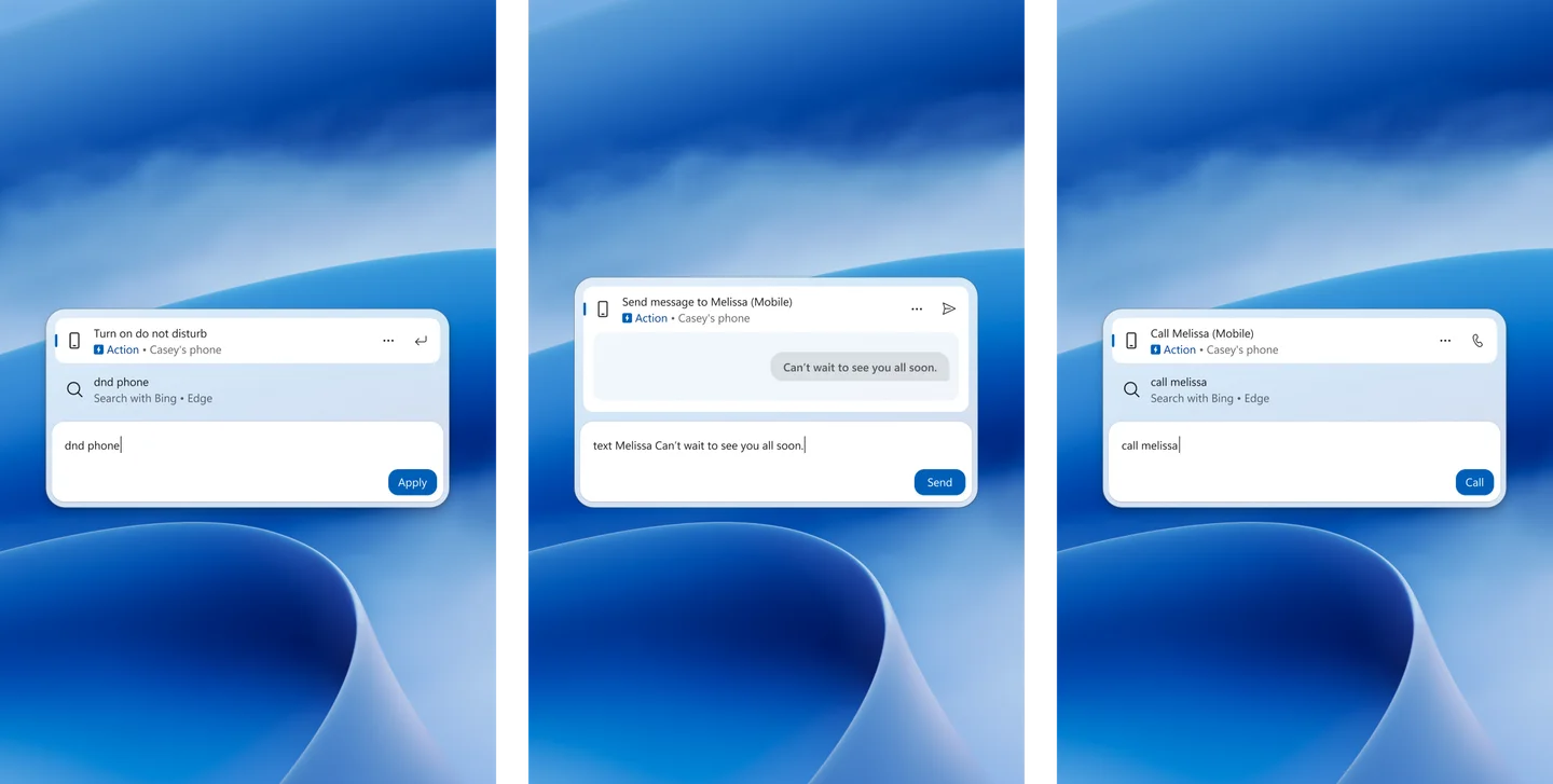 Three Windows Search views show phone actions for turning on Do Not Disturb, sending a text message, and making a call from a connected phone.