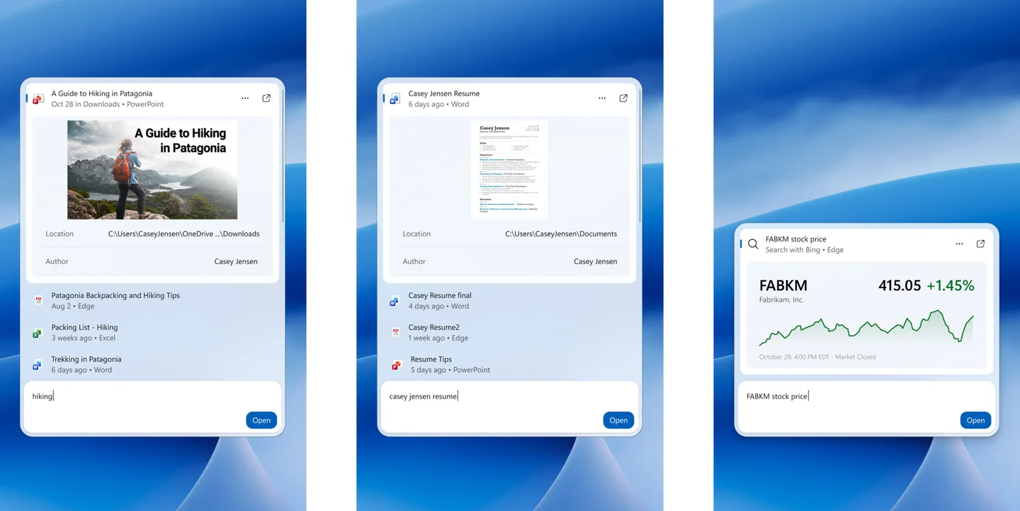 Three Windows Search views show inline previews of a PowerPoint presentation, a Word document, and a stock price.